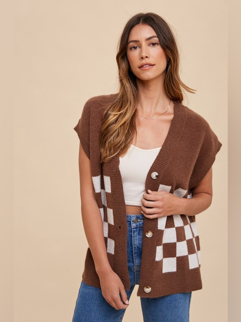 Annie Wear Checkered Button Down Short Sleeve Cardigan
